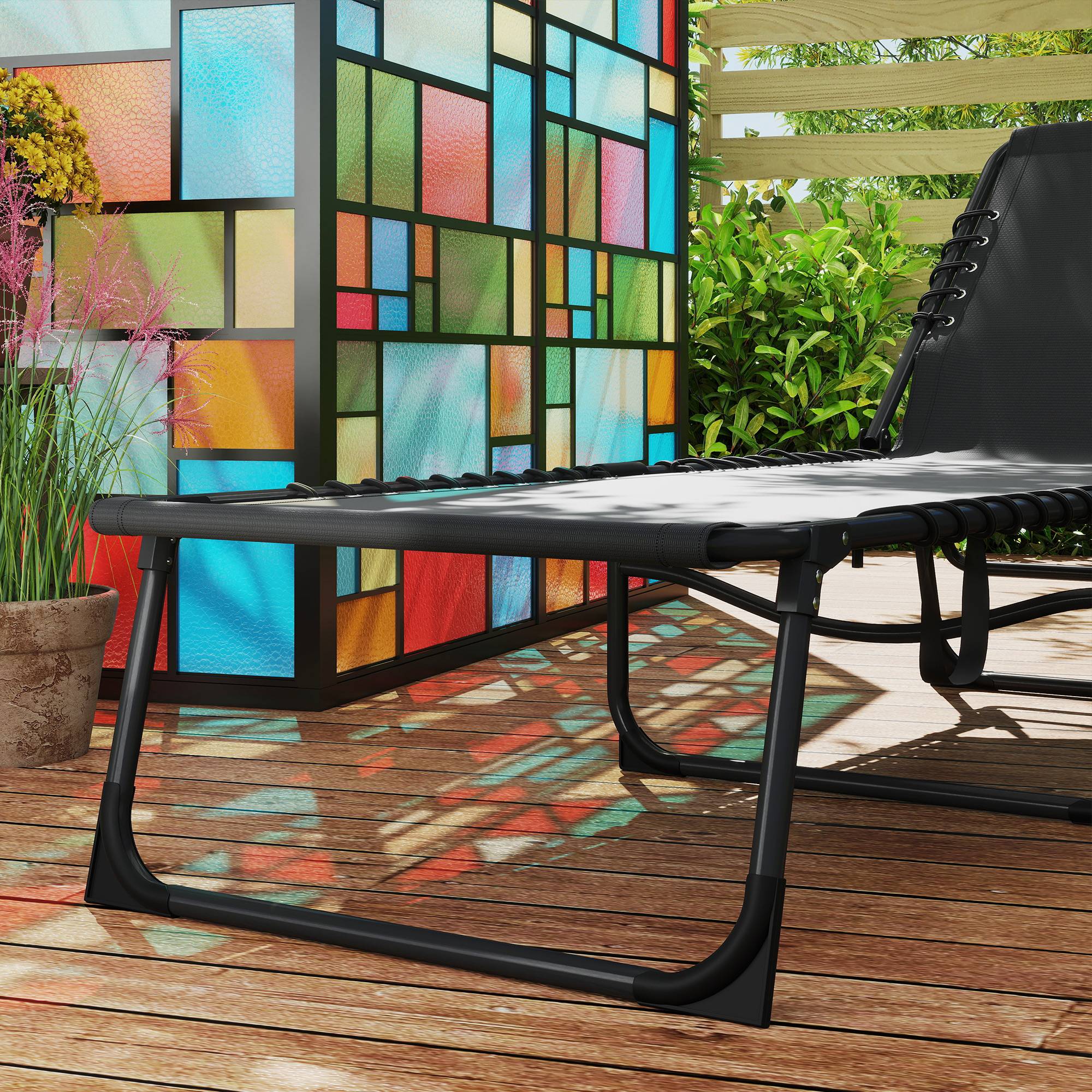 Outsunny - Chaise longue pliante 58x189x32,5cm avec coussin, appuie-tête, poche latérale, inclinable textilène noir extérieur plage,camping,terrasse - Outsunny - Image 6