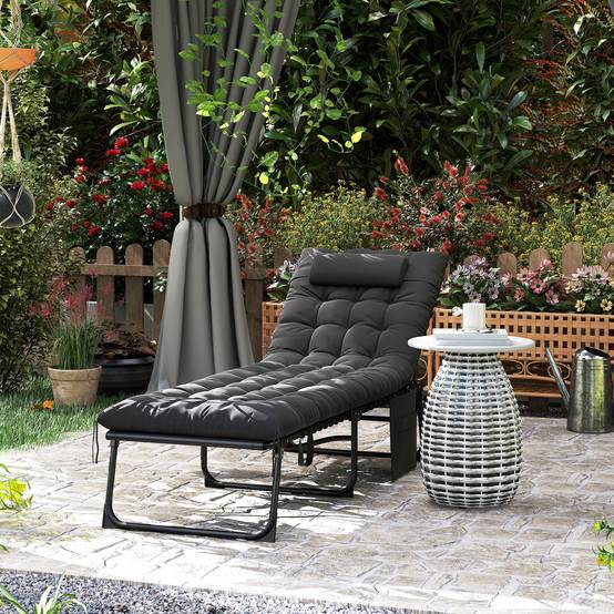 Outsunny - Chaise longue pliante 58x189x32,5cm avec coussin, appuie-tête, poche latérale, inclinable textilène noir extérieur plage,camping,terrasse - Outsunny - Image 2