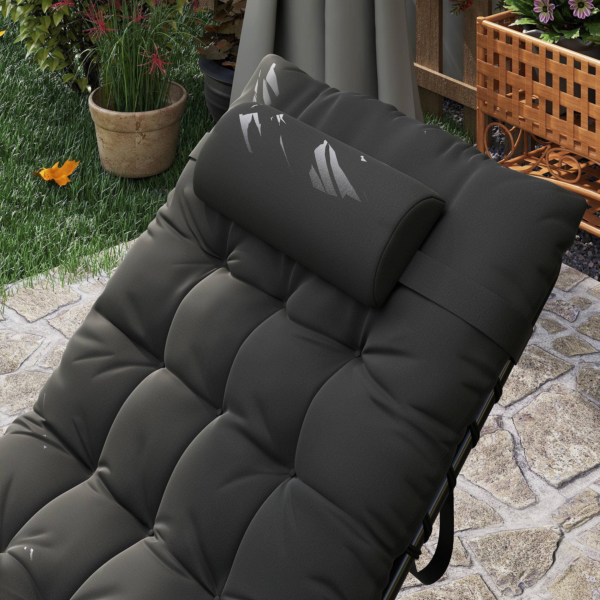 Outsunny - Chaise longue pliante 58x189x32,5cm avec coussin, appuie-tête, poche latérale, inclinable textilène noir extérieur plage,camping,terrasse - Outsunny - Image 5