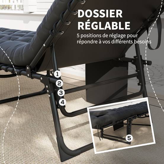 Outsunny - Chaise longue pliante 58x189x32,5cm avec coussin, appuie-tête, poche latérale, inclinable textilène noir extérieur plage,camping,terrasse - Outsunny - Image 4
