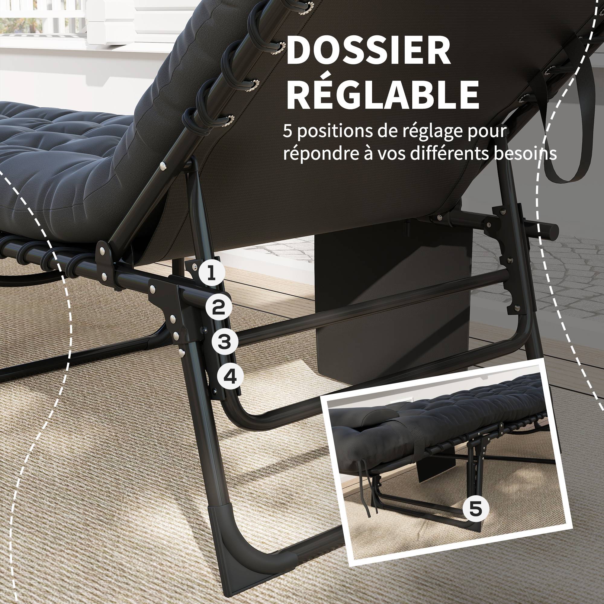 Outsunny - Chaise longue pliante 58x189x32,5cm avec coussin, appuie-tête, poche latérale, inclinable textilène noir extérieur plage,camping,terrasse - Outsunny - Image 4