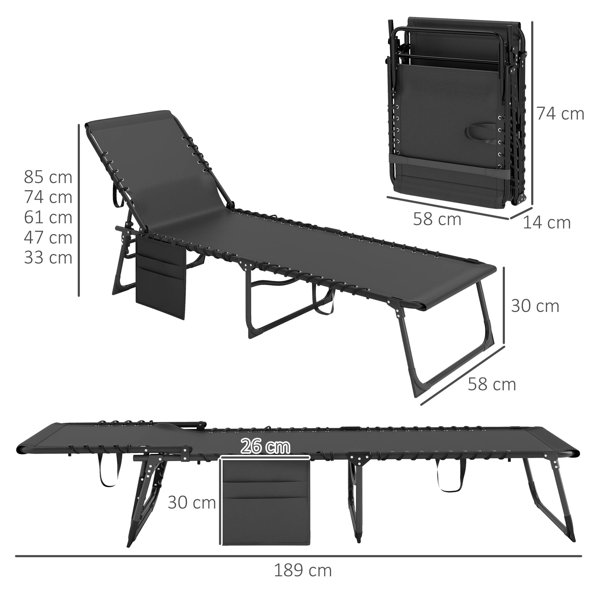 Outsunny - Chaise longue pliante 58x189x32,5cm avec coussin, appuie-tête, poche latérale, inclinable textilène noir extérieur plage,camping,terrasse - Outsunny - Image 3