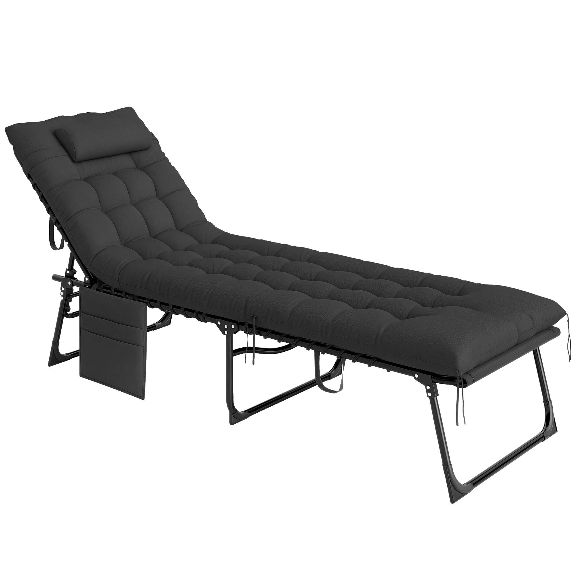 Outsunny - Chaise longue pliante 58x189x32,5cm avec coussin, appuie-tête, poche latérale, inclinable textilène noir extérieur plage,camping,terrasse - Outsunny - Image 1