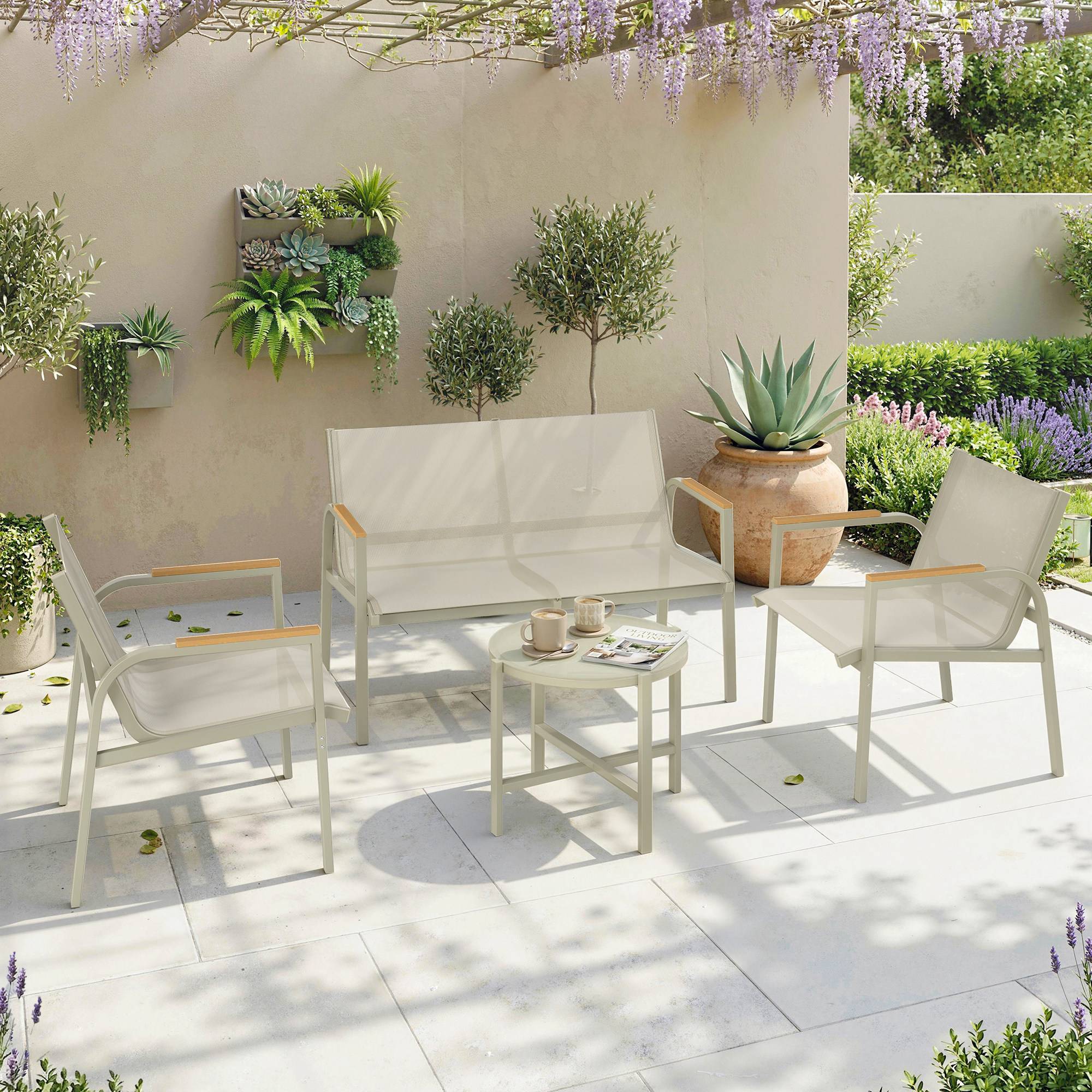 Ensemble salon de jardin métallique imperméable pour 4 personnes, canapé 2 places, 2 fauteuils et table, coloris vert - Image 2