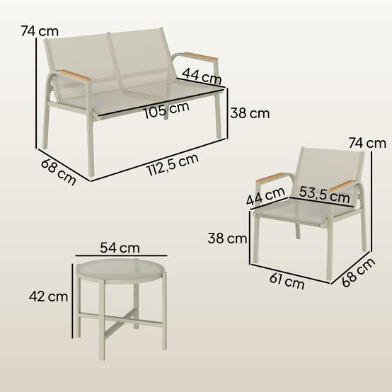 Ensemble salon de jardin métallique imperméable pour 4 personnes, canapé 2 places, 2 fauteuils et table, coloris vert - Image 3