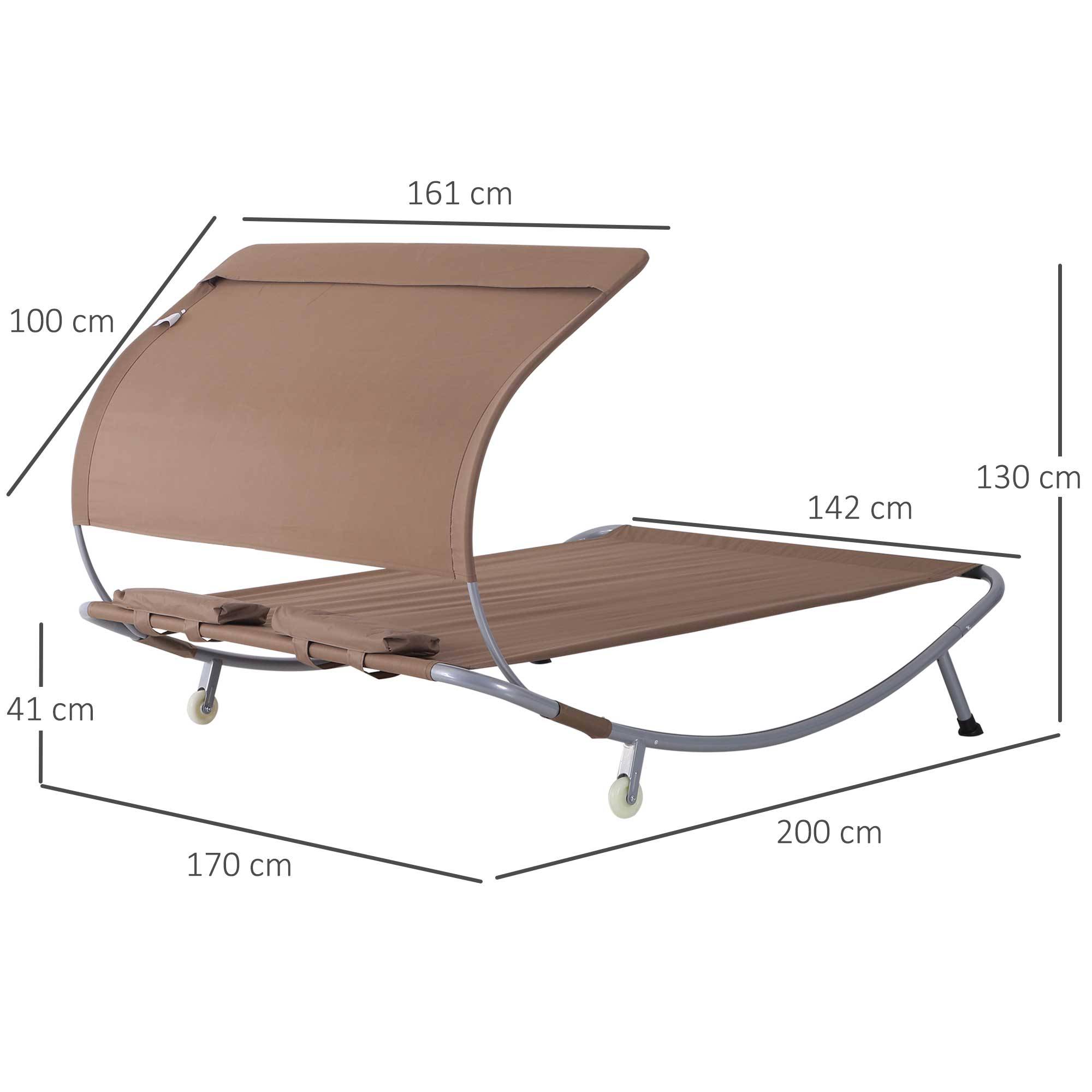 Outsunny - Bain de soleil 2 places lit de jardin design contemporain toit réglable 2 roulettes 2 oreillers acier époxy polyester marron - Outsunny - Imagen 3