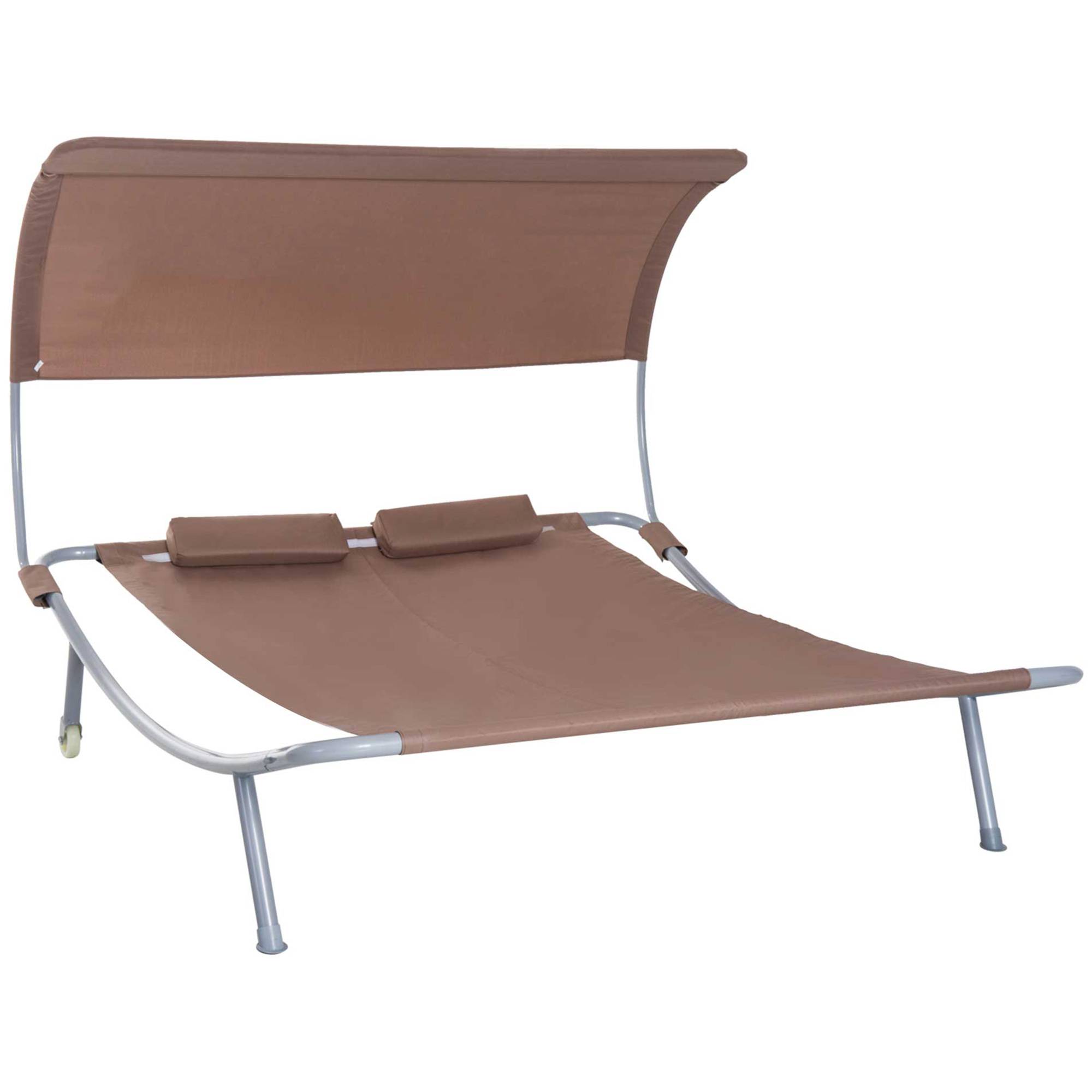 Outsunny - Bain de soleil 2 places lit de jardin design contemporain toit réglable 2 roulettes 2 oreillers acier époxy polyester marron - Outsunny - Imagen 1