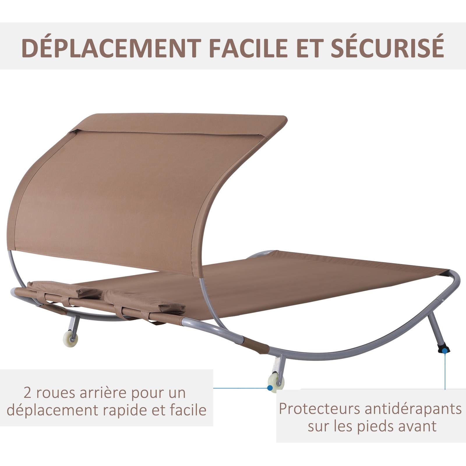 Outsunny - Bain de soleil 2 places lit de jardin design contemporain toit réglable 2 roulettes 2 oreillers acier époxy polyester marron - Outsunny - Imagen 5
