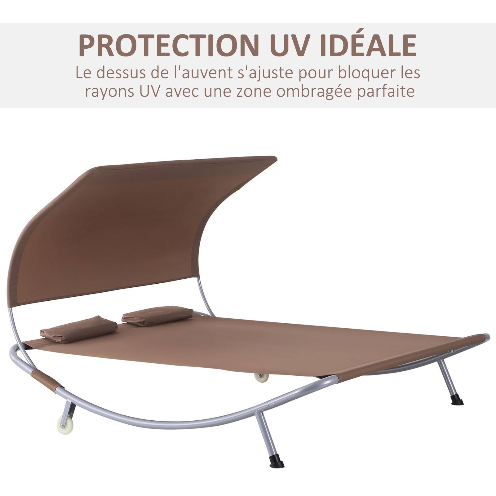 Outsunny - Bain de soleil 2 places lit de jardin design contemporain toit réglable 2 roulettes 2 oreillers acier époxy polyester marron - Outsunny - Imagen 4
