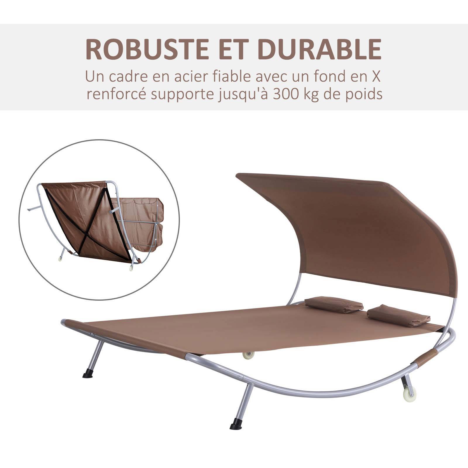 Outsunny - Bain de soleil 2 places lit de jardin design contemporain toit réglable 2 roulettes 2 oreillers acier époxy polyester marron - Outsunny - Imagen 7