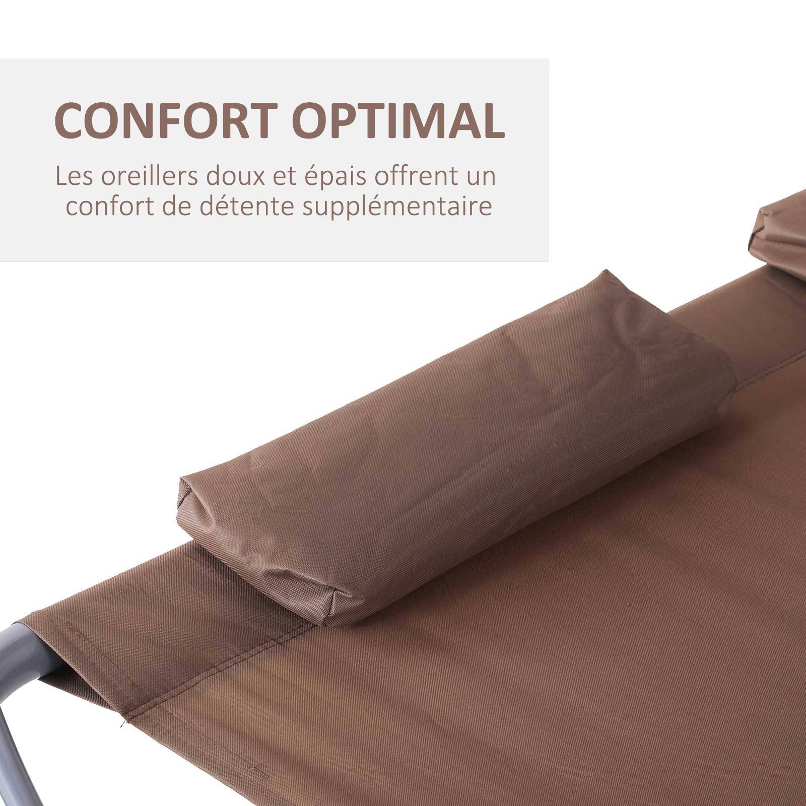 Outsunny - Bain de soleil 2 places lit de jardin design contemporain toit réglable 2 roulettes 2 oreillers acier époxy polyester marron - Outsunny - Imagen 6