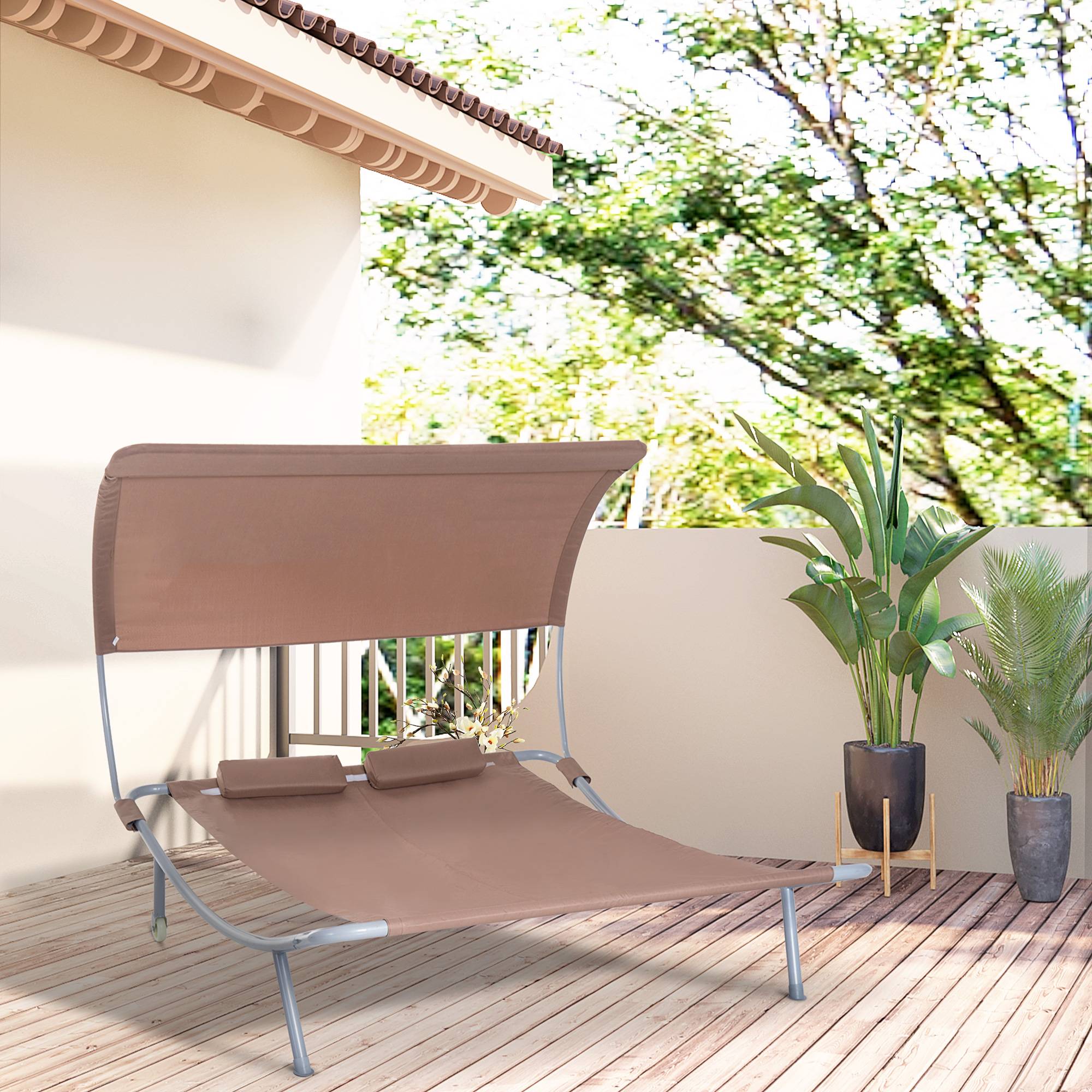 Outsunny - Bain de soleil 2 places lit de jardin design contemporain toit réglable 2 roulettes 2 oreillers acier époxy polyester marron - Outsunny - Imagen 2