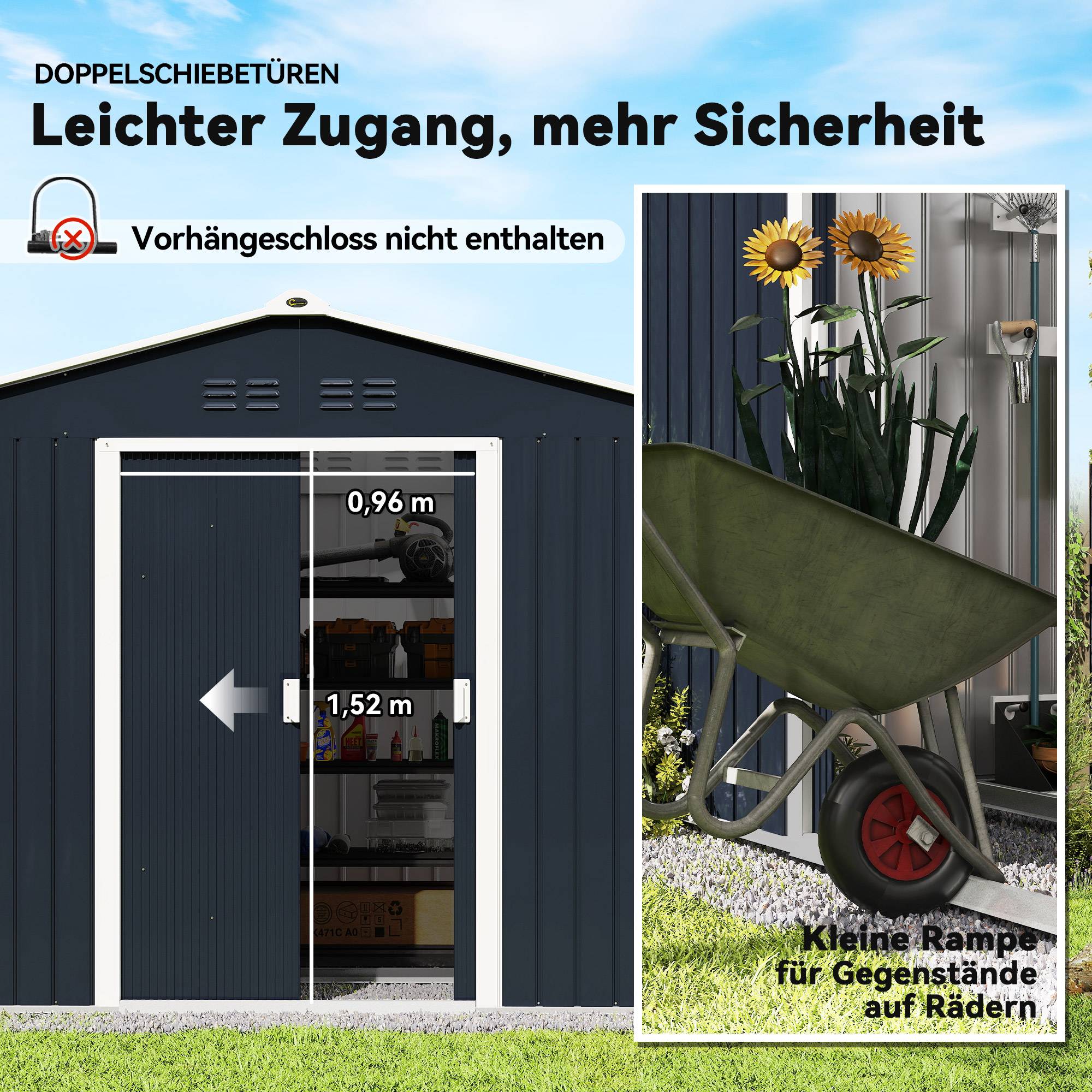 Abri outillage métal portes coulissantes fenêtres aération 277x195x192cm gris foncé - Image 8