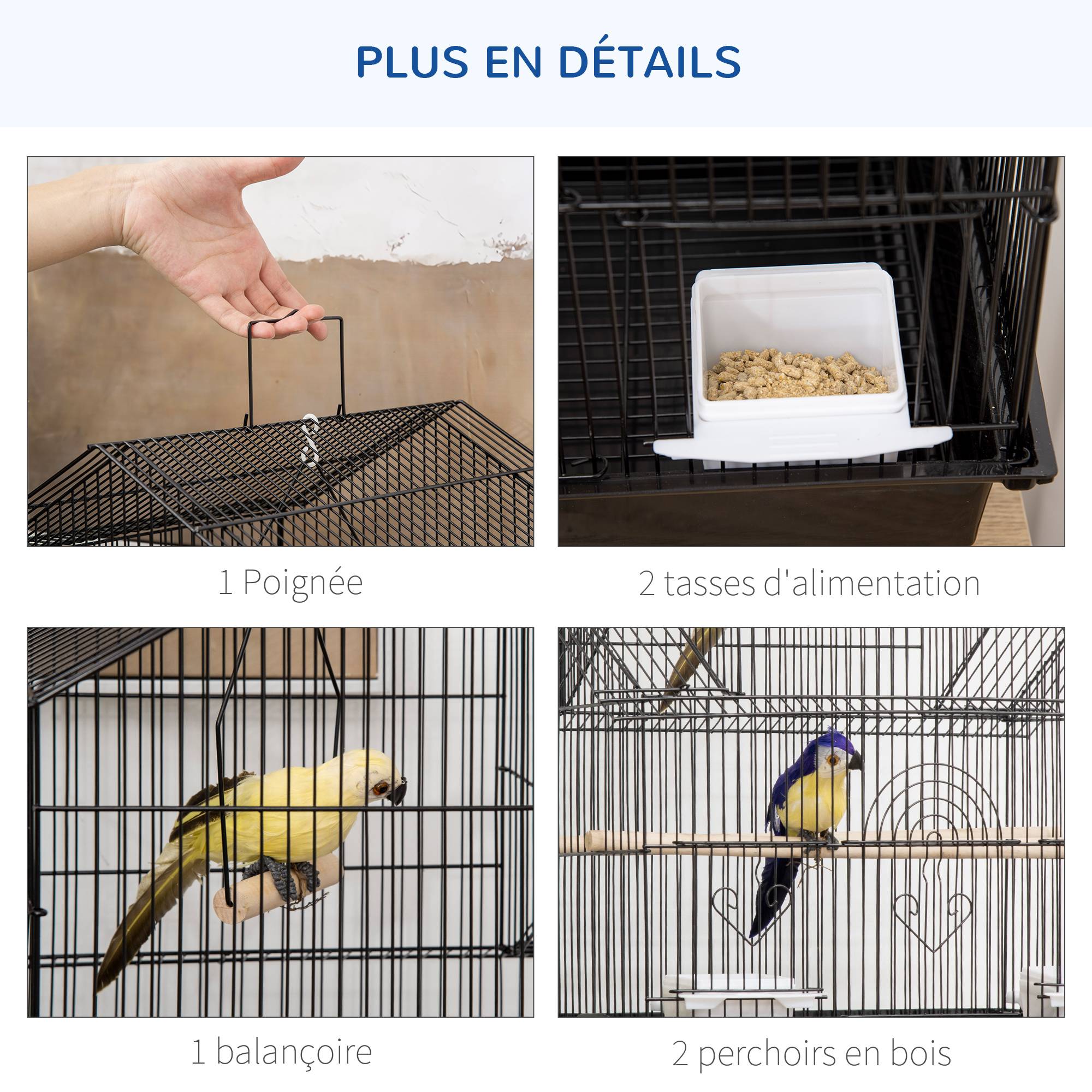 Pawhut - Cage à oiseaux design maison perchoirs mangeoires balançoire 3 portes plateau excrément amovible + poignée transport métal noir - Image 4