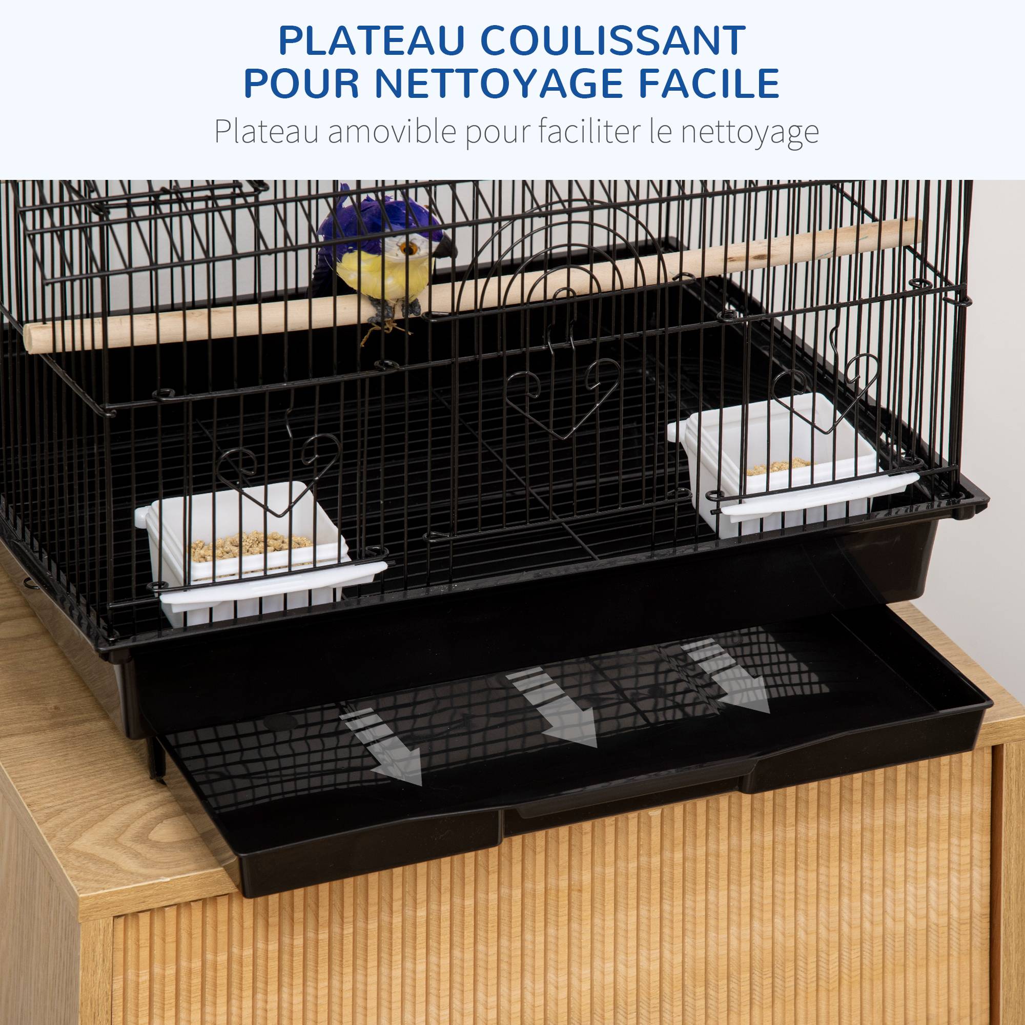 Pawhut - Cage à oiseaux design maison perchoirs mangeoires balançoire 3 portes plateau excrément amovible + poignée transport métal noir - Image 5
