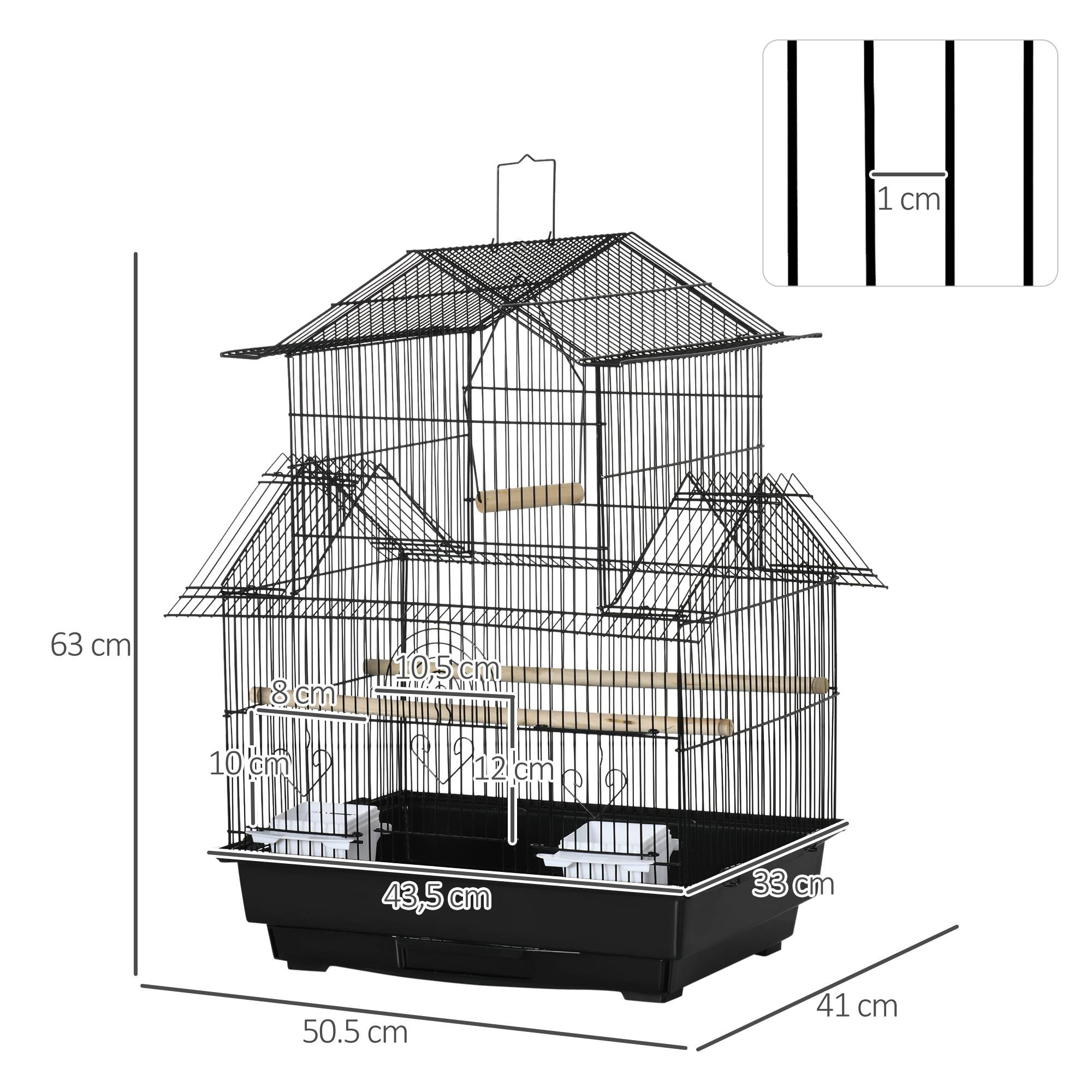 Pawhut - Cage à oiseaux design maison perchoirs mangeoires balançoire 3 portes plateau excrément amovible + poignée transport métal noir - Image 3