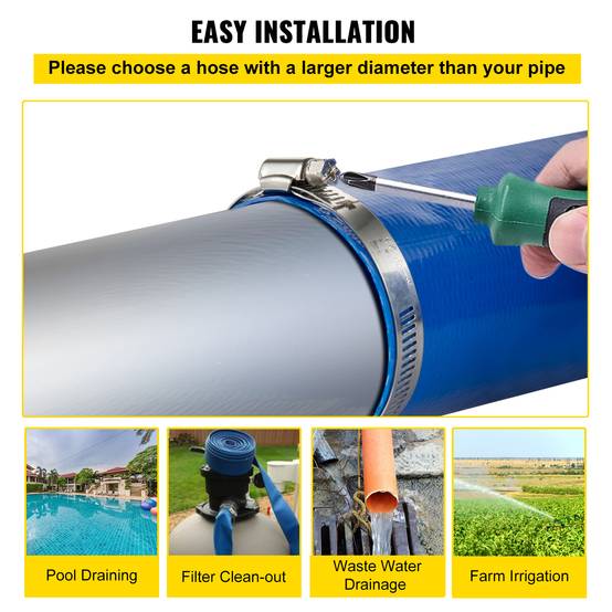 Vevor - VEVOR Tuyau décharge 38mm x 32m, PVC tissu, colliers, piscine, transfert eau, résistant, bleu. - Image 6