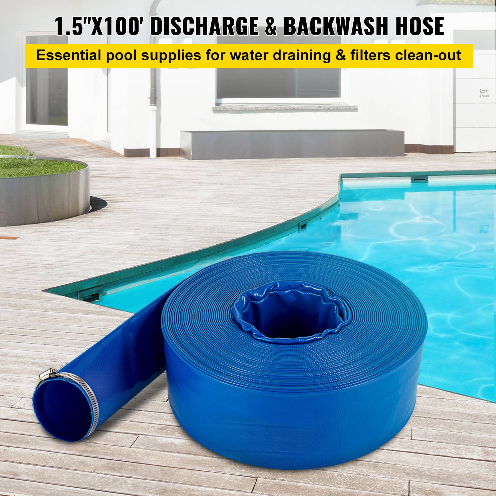 Vevor - VEVOR Tuyau décharge 38mm x 32m, PVC tissu, colliers, piscine, transfert eau, résistant, bleu. - Image 2