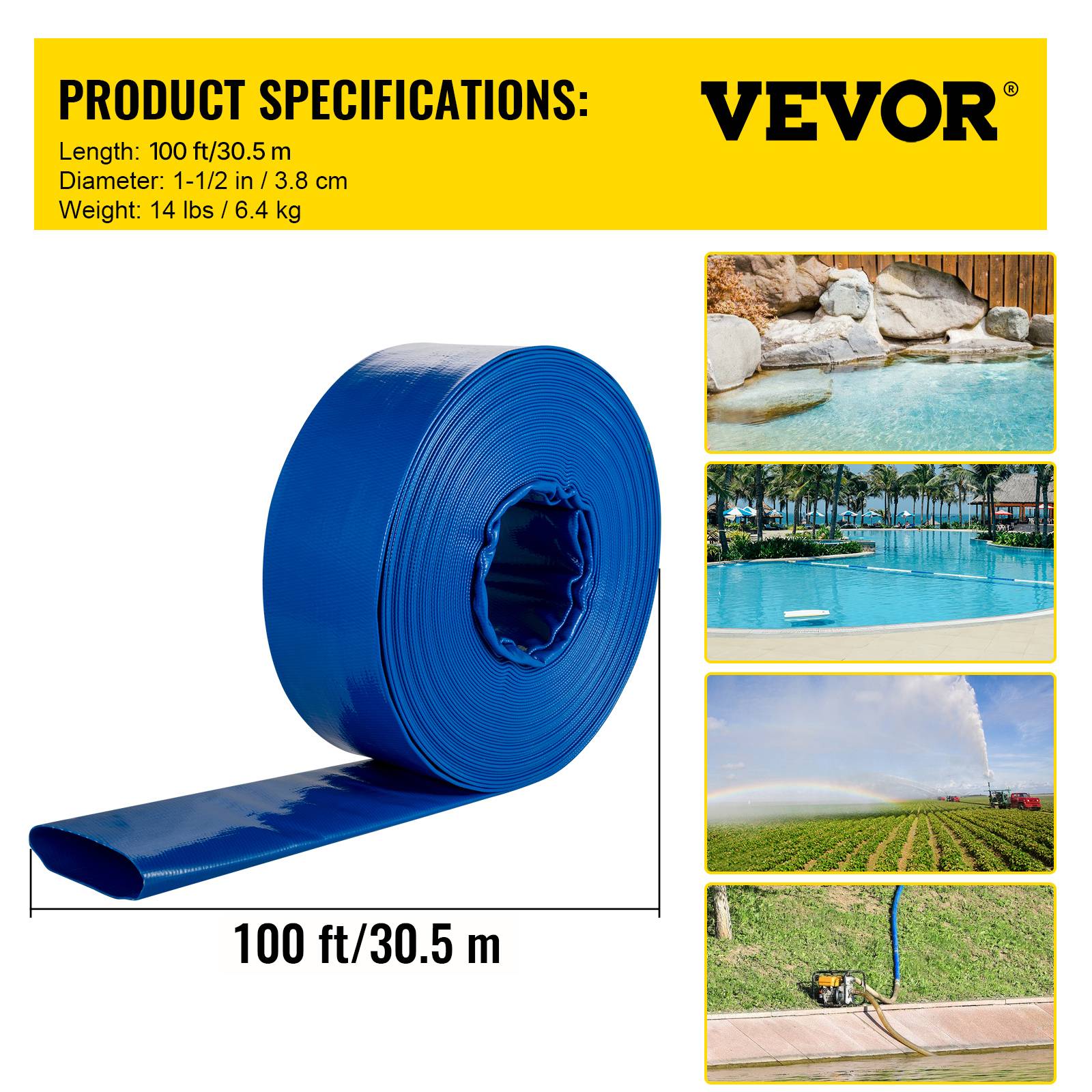 Vevor - VEVOR Tuyau décharge 38mm x 32m, PVC tissu, colliers, piscine, transfert eau, résistant, bleu. - Image 7