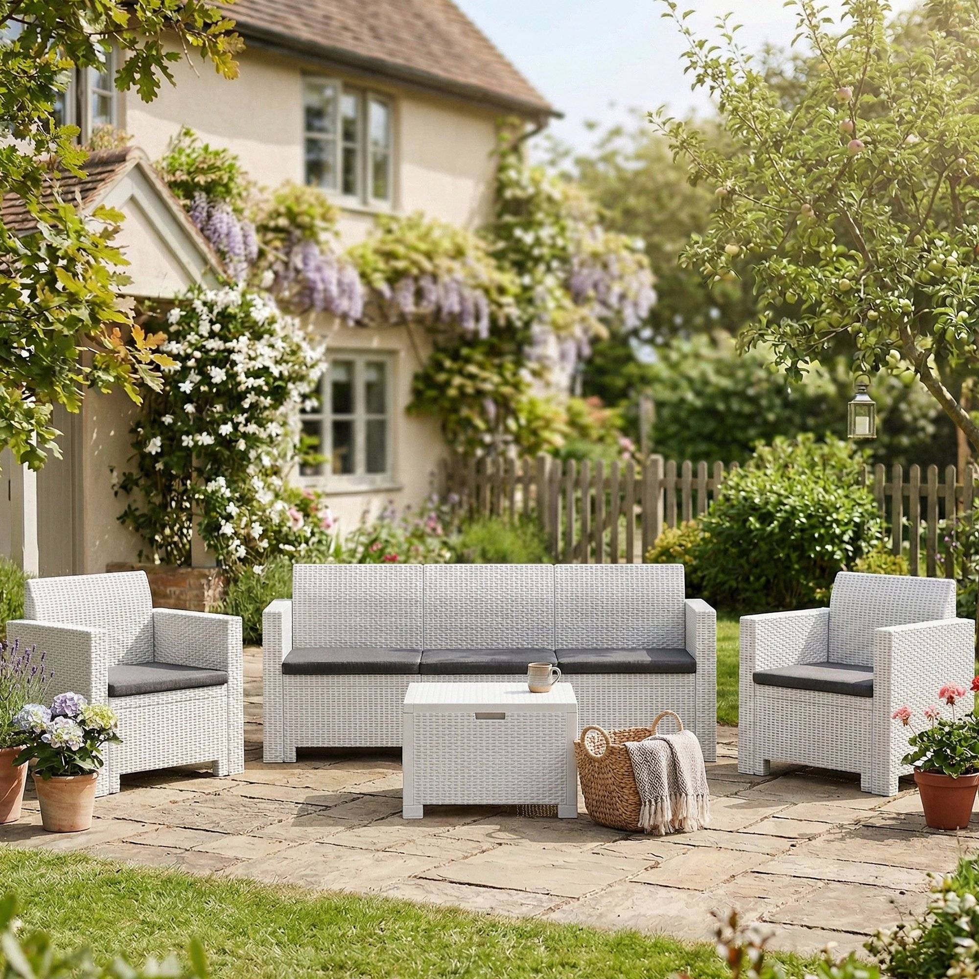 Dmora - Ensemble Salon de Jardin Venus Blanc 5 Places Anti-choc Imperméable, avec Table Basse, Made in Italy - Imagen 2