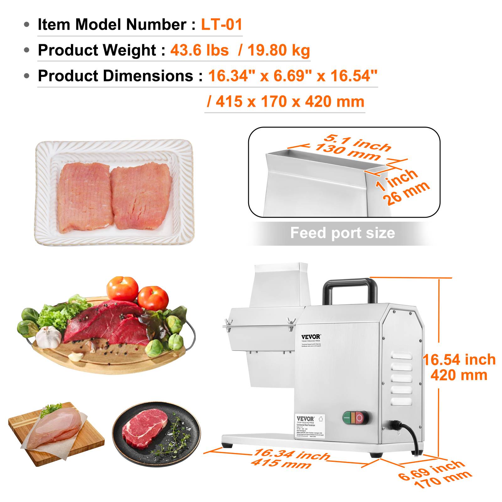 Vevor - VEVOR Attendrisseur de Viande Commerciale Électrique en Inox 450 W avec 54 Lames - Image 7