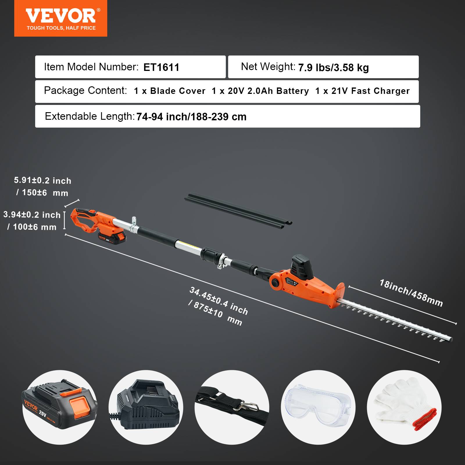 Vevor - Taille-haie sur perche 20V, lame double 45,7 cm, perche télé 188-239 cm, pour plantes hautes. - Image 7