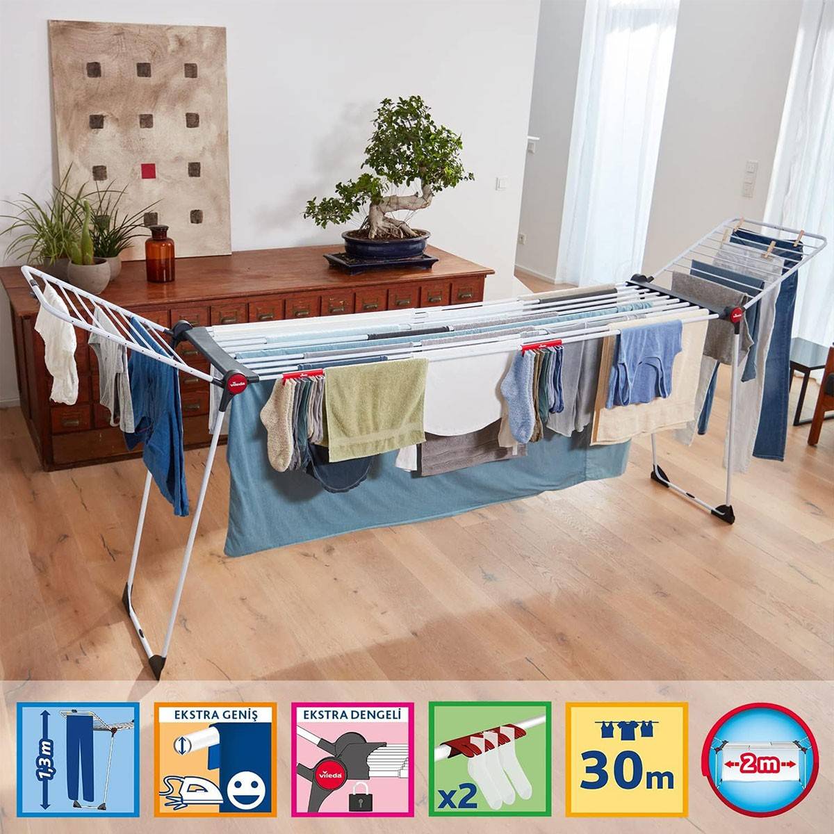 Séchoir à linge Etendage pliable 30m avec Ailes 304 x 56 x 128 cm Tubes Anti-plis VILEDA - Imagen 5