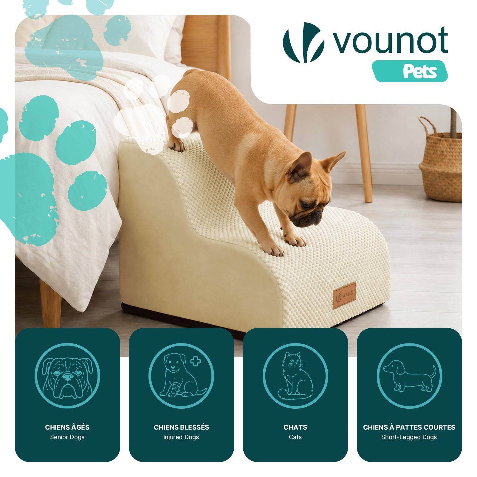 Vounot - Escalier pour chien et chat en mousse haute densite et housse lavable 40x40x30cm beige - Image 2