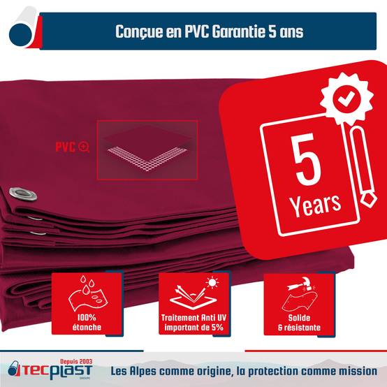 Bâche pour Carport 4x4 m LP506CP Rouge Bordeaux - Garantie 5 ans - Toile PVC étanche pour abri de voiture TECPLAST - Image 3