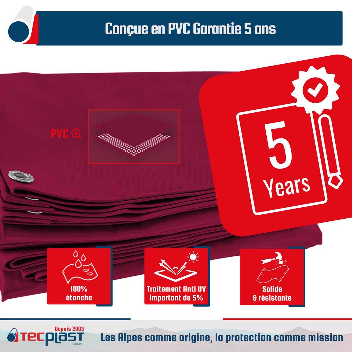 Bâche pour Carport 4x4 m LP506CP Rouge Bordeaux - Garantie 5 ans - Toile PVC étanche pour abri de voiture TECPLAST - Image 3
