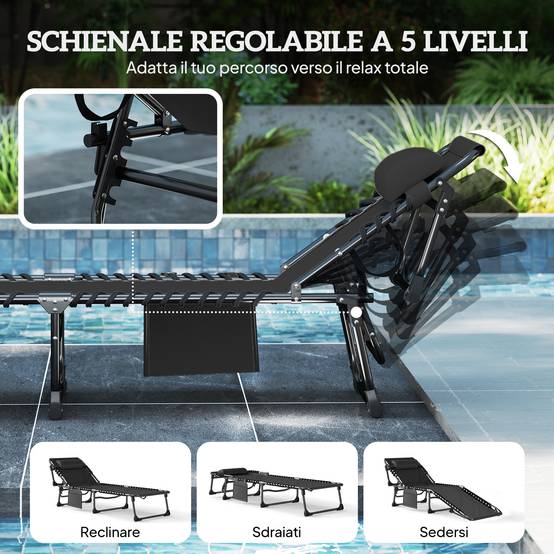 Sans Marque - Ensemble de 2 chaises longues de jardin pliantes et inclinables à 5 positions avec coussins, 57 x 200 x 38 cm, noires - Image 5