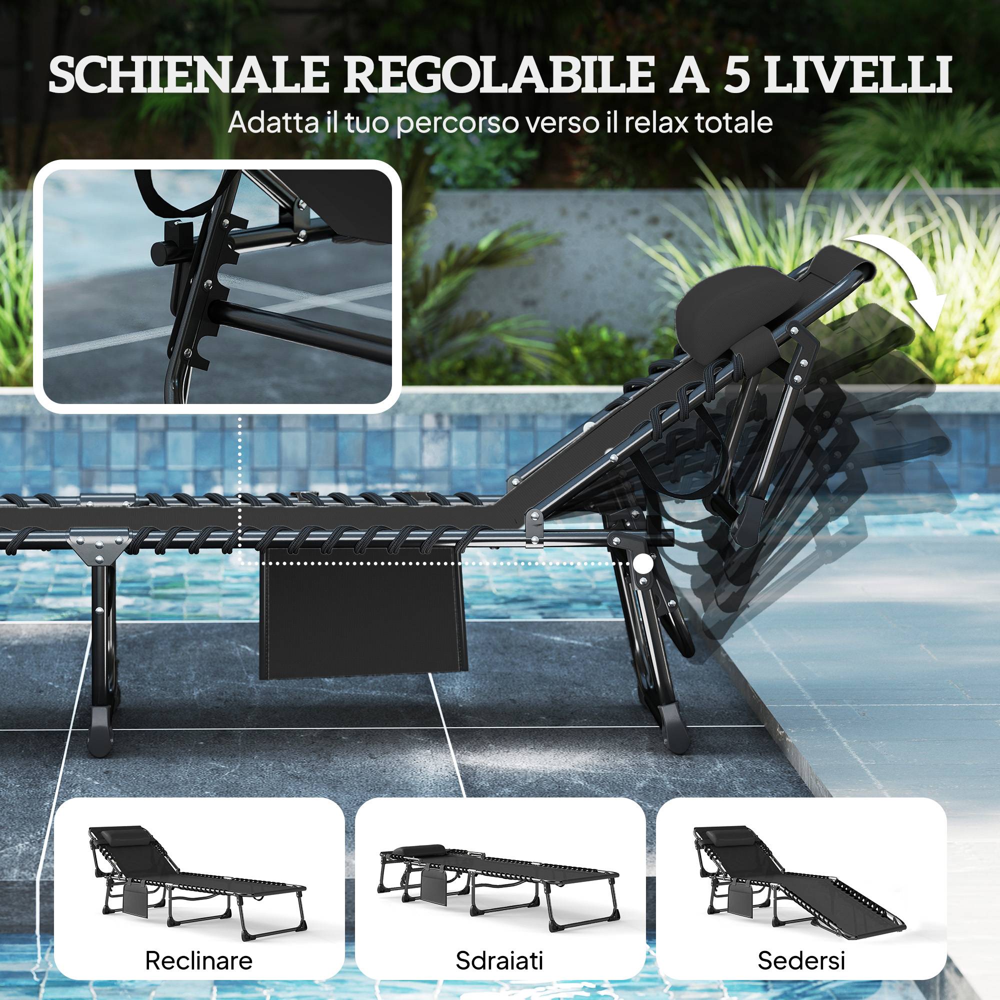 Sans Marque - Ensemble de 2 chaises longues de jardin pliantes et inclinables à 5 positions avec coussins, 57 x 200 x 38 cm, noires - Image 5