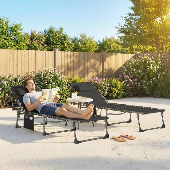 Sans Marque - Ensemble de 2 chaises longues de jardin pliantes et inclinables à 5 positions avec coussins, 57 x 200 x 38 cm, noires - Image 2