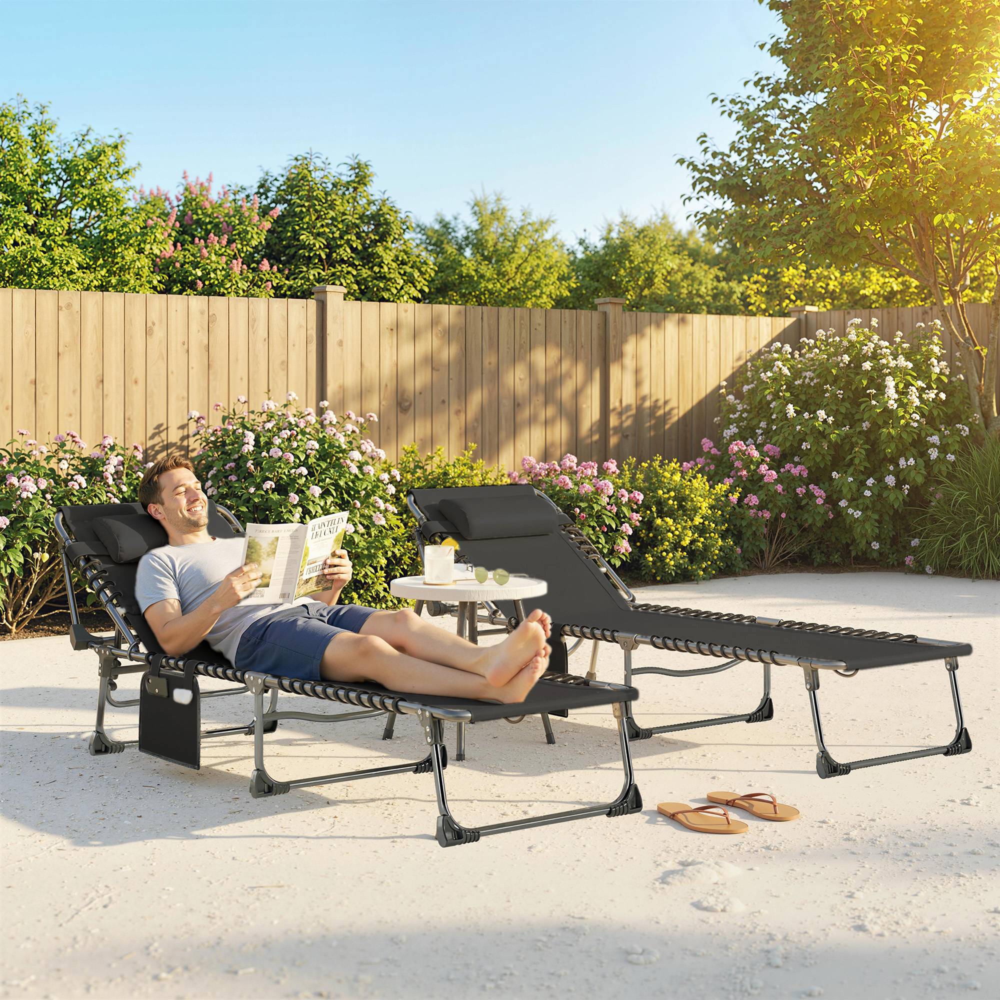 Sans Marque - Ensemble de 2 chaises longues de jardin pliantes et inclinables à 5 positions avec coussins, 57 x 200 x 38 cm, noires - Image 2