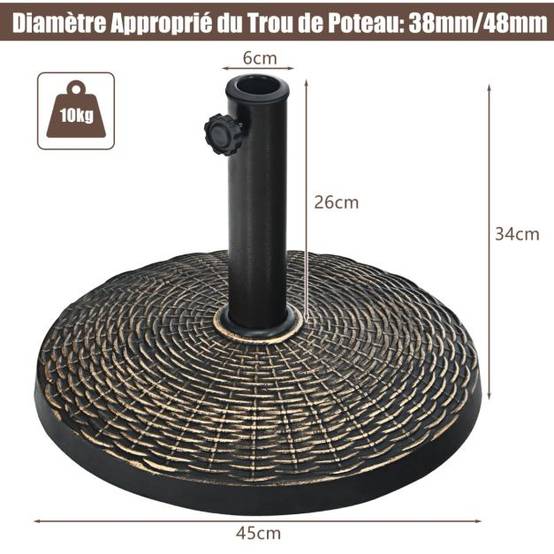 Helloshop26 - Base de parasol de patio 45 cm support de parasol ronde en résine résistant aux intempéries pour poteaux de diamètre 38/ 48 mm jardin plage - Imagen 4
