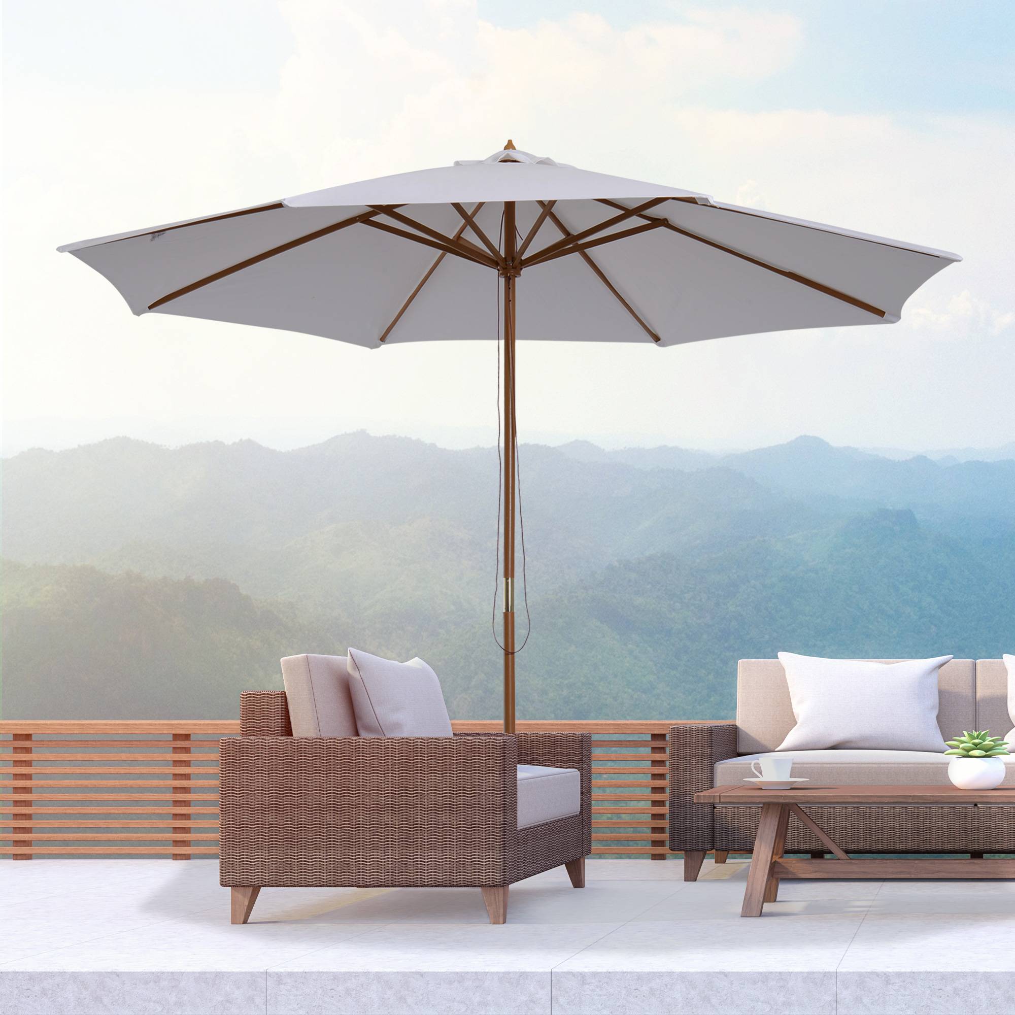 Parasol droit bois et bambou pour terrasse et jardin toile anti-UV 300cm blanc crème - ComfortXL Outdoor Living - Image 1