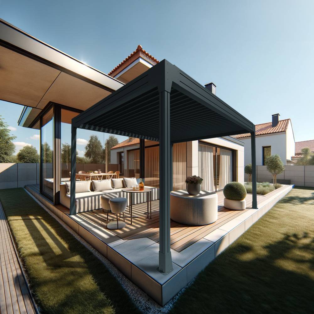 Pergola bioclimatique HELY îlot 4,50x3,054m Vérin à télécommande (Gris anthracite) - Alia Productions - Imagen 2