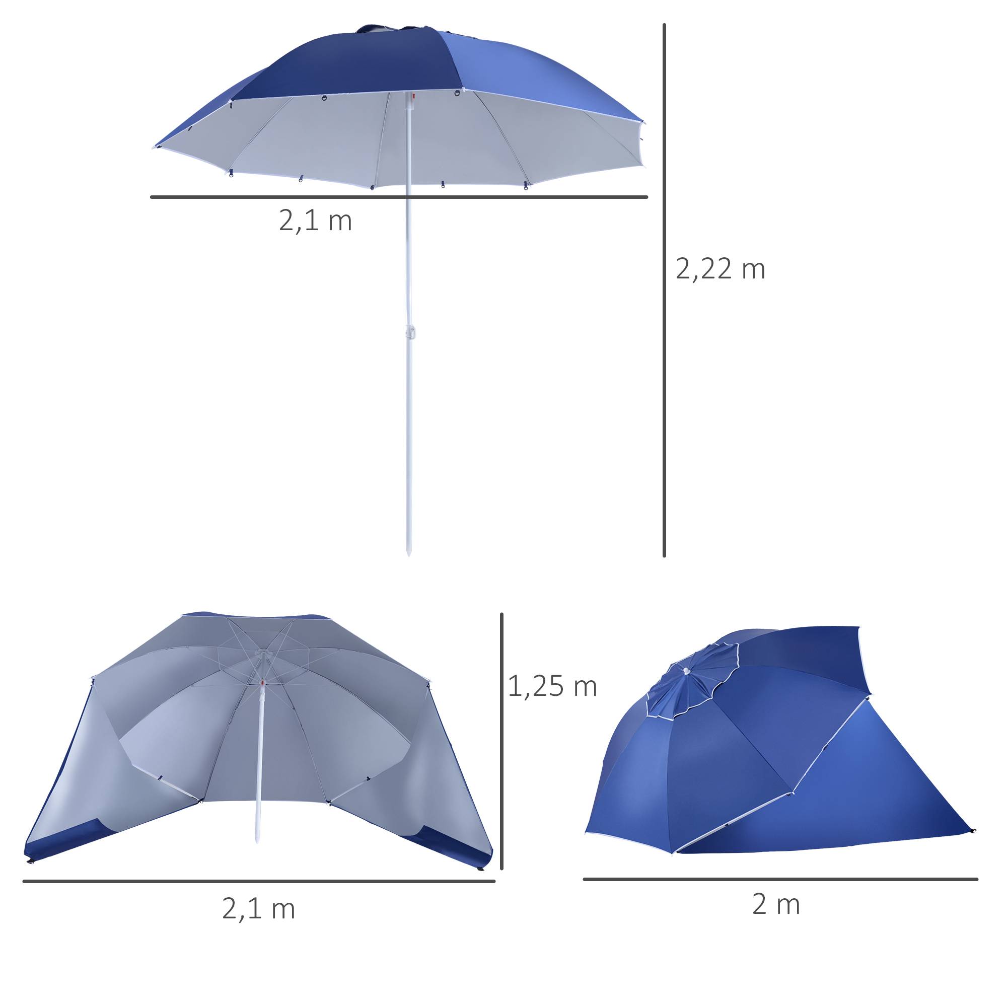 Parasol de plage 2 en 1 avec 2 panneaux lateraux, anti-UV, sac transport Ø210x222cm, bleu - Image 5