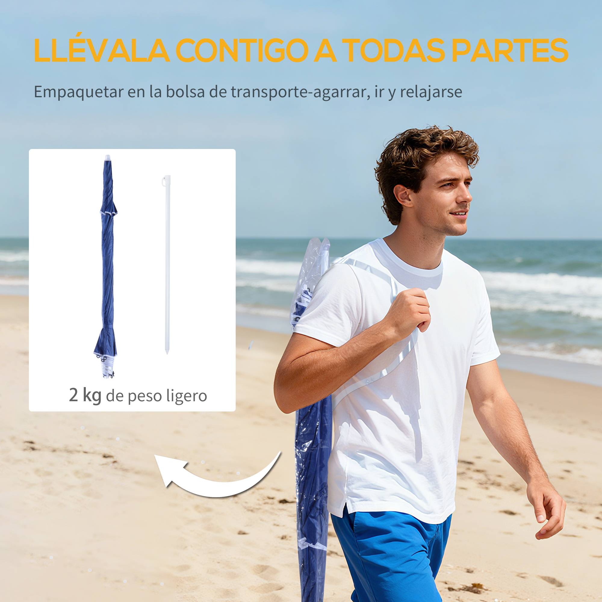 Parasol de plage 2 en 1 avec 2 panneaux lateraux, anti-UV, sac transport Ø210x222cm, bleu - Image 10