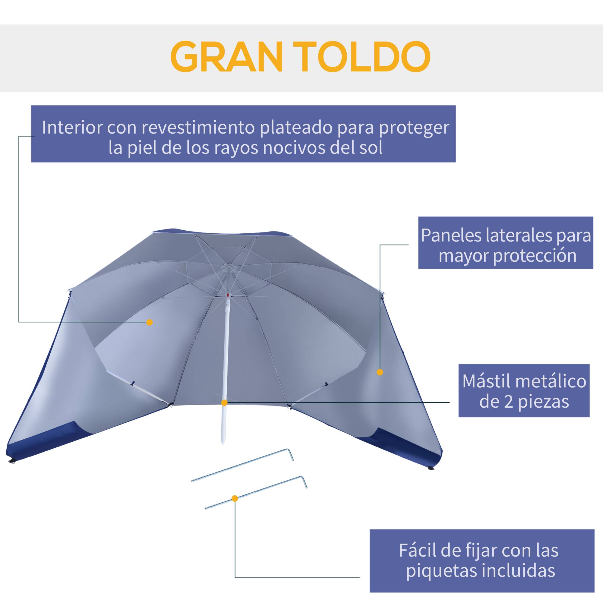 Parasol de plage 2 en 1 avec 2 panneaux lateraux, anti-UV, sac transport Ø210x222cm, bleu - Image 8