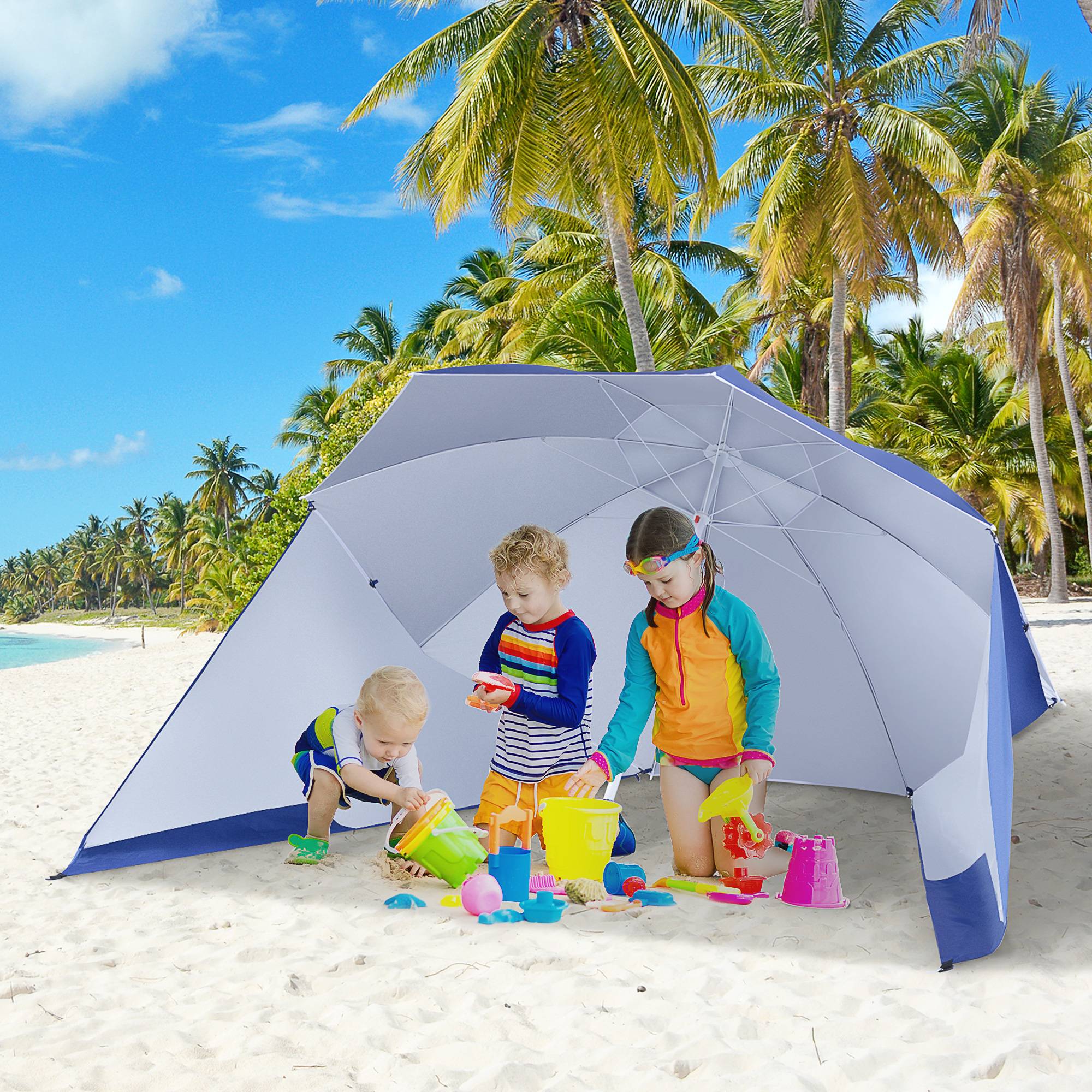 Parasol de plage 2 en 1 avec 2 panneaux lateraux, anti-UV, sac transport Ø210x222cm, bleu - Image 3