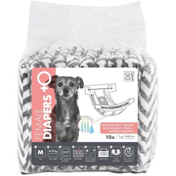 Couches pour chien - M PETS - DIAPERS - Femelle M x10 - Tour de taille 30-42,5 cm - 4-10 kg - Indicateur d'humidité - 12h prote - Image 1
