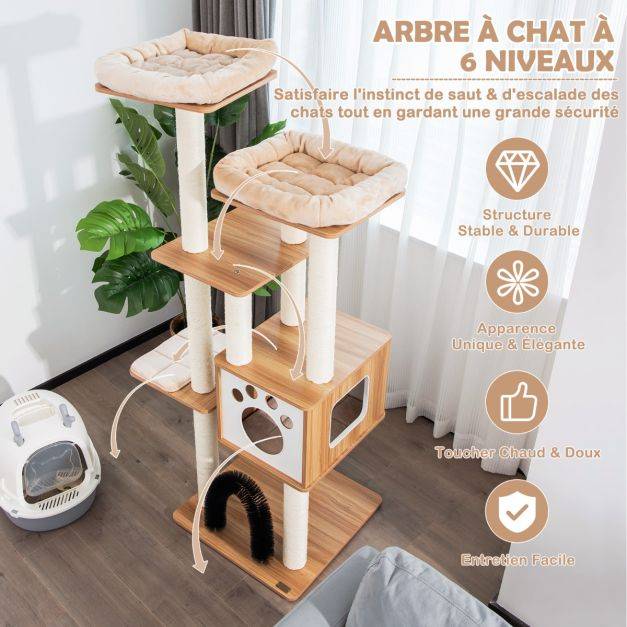 Helloshop26 - Arbre à chat 175cm à 6 niveaux avec niche et coussin amovible grande tour de jeu pour chat avec poteaux en sisal beige - Imagen 5