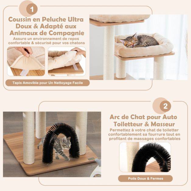 Helloshop26 - Arbre à chat 175cm à 6 niveaux avec niche et coussin amovible grande tour de jeu pour chat avec poteaux en sisal beige - Imagen 4