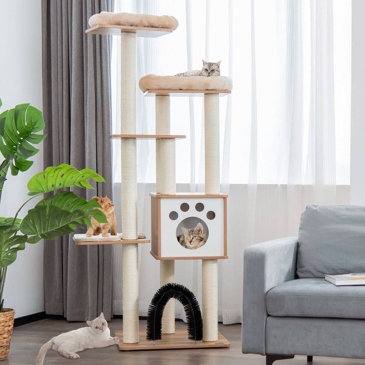 Helloshop26 - Arbre à chat 175cm à 6 niveaux avec niche et coussin amovible grande tour de jeu pour chat avec poteaux en sisal beige - Imagen 2