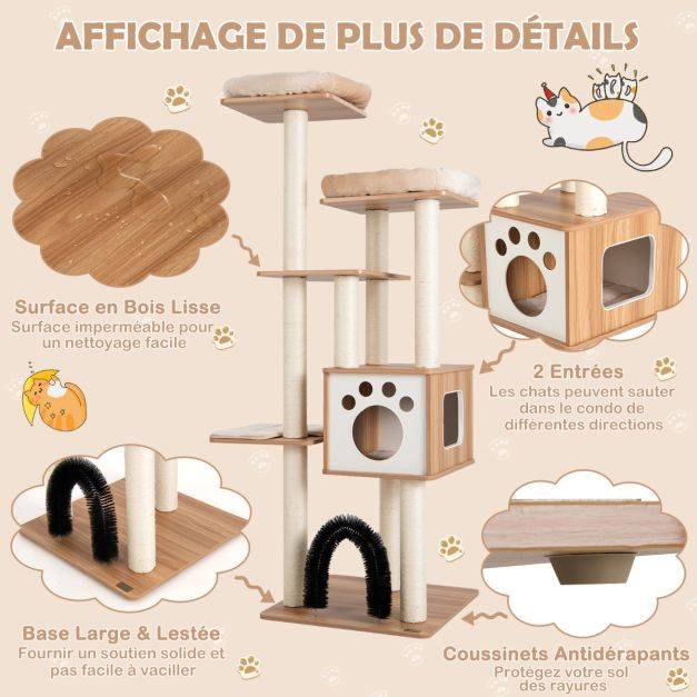 Helloshop26 - Arbre à chat 175cm à 6 niveaux avec niche et coussin amovible grande tour de jeu pour chat avec poteaux en sisal beige - Imagen 3