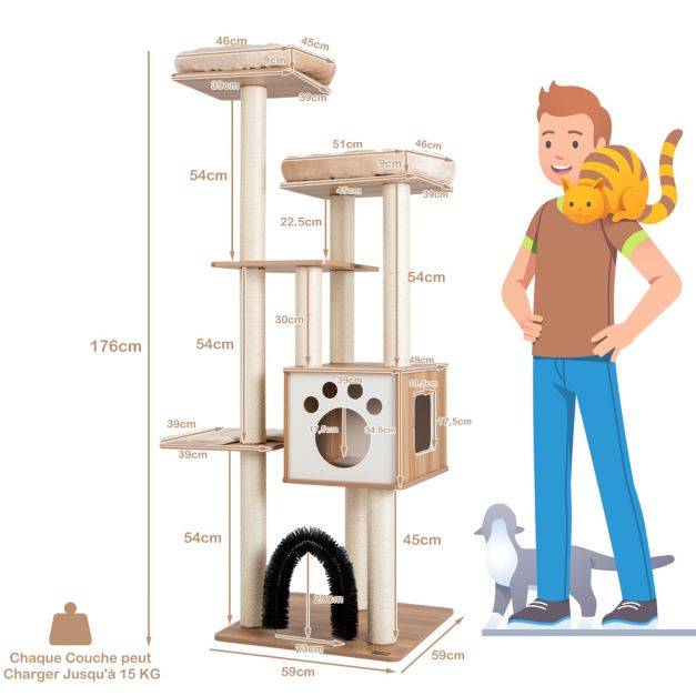 Helloshop26 - Arbre à chat 175cm à 6 niveaux avec niche et coussin amovible grande tour de jeu pour chat avec poteaux en sisal beige - Imagen 6