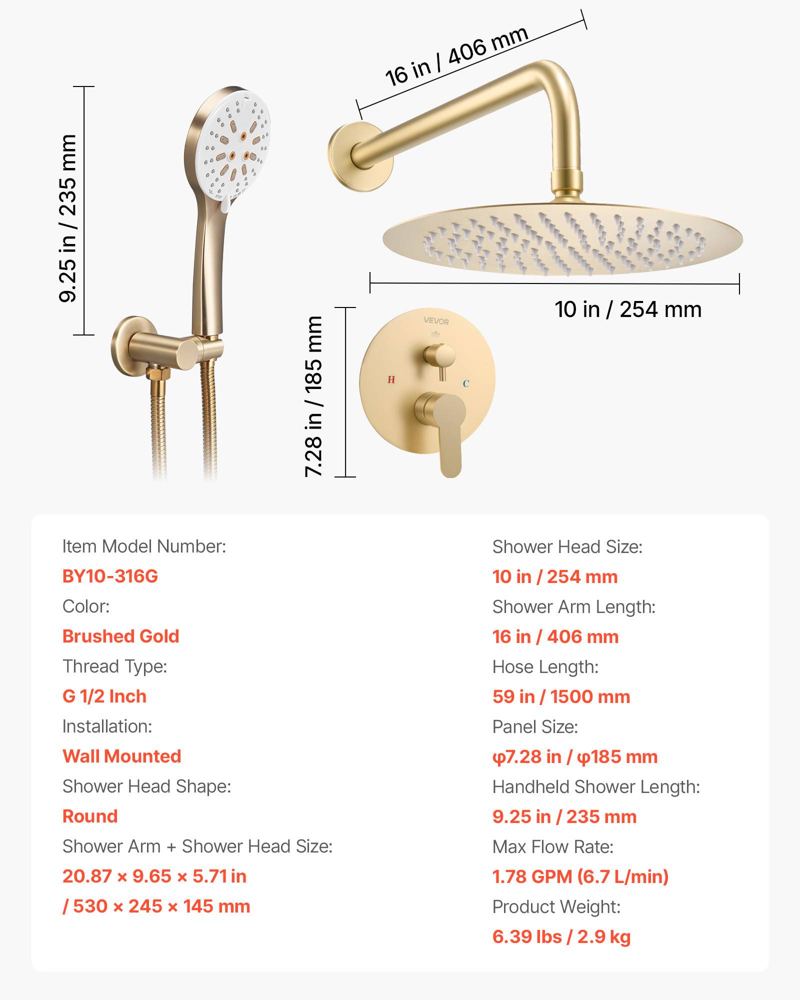 Vevor - VEVOR Kit de Douche avec Douchette de Tête Ronde 25,4 cm et à Main Or Brossé - Image 7