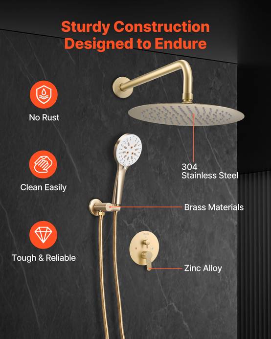 Vevor - VEVOR Kit de Douche avec Douchette de Tête Ronde 25,4 cm et à Main Or Brossé - Image 6