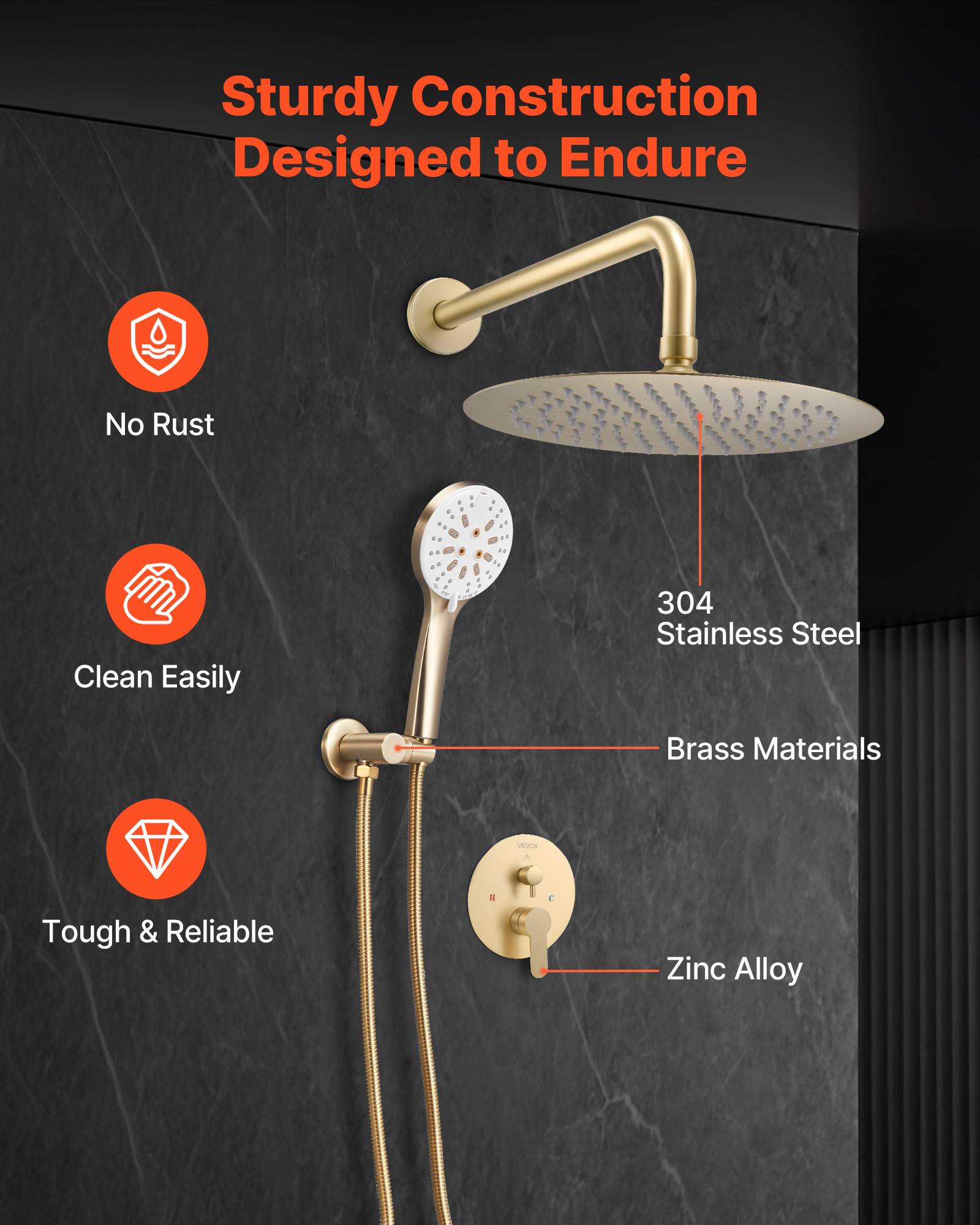 Vevor - VEVOR Kit de Douche avec Douchette de Tête Ronde 25,4 cm et à Main Or Brossé - Image 6